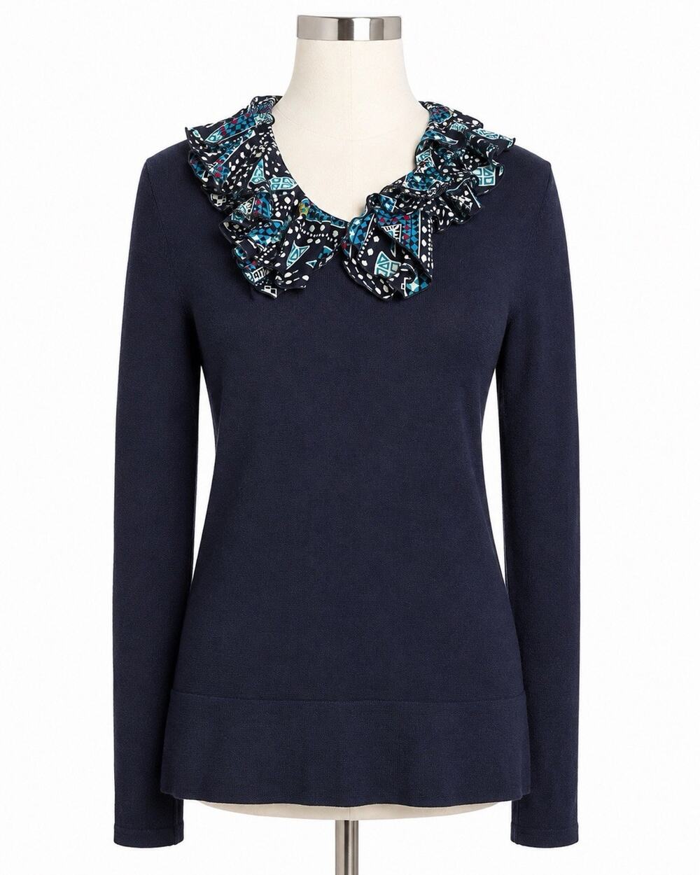 Tory Burch Navy Wool Sweater Silk Ruffle Collar Long Sleeve Top Women’s M